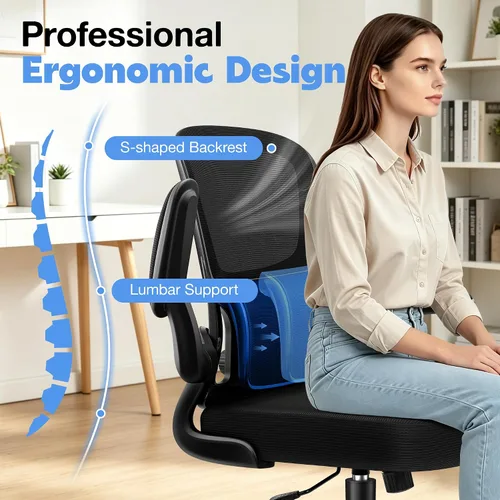 Vista 10 de ALLGOD Silla de oficina ergonómica, silla de escritorio ergonómica de malla transpirable con soporte lumbar ajustable, reposabrazos abatibles