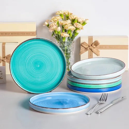 Vista 8 de vancasso Bonita platos de ensalada de 8.5 pulgadas, juego de pequeños platos de cena de cerámica, juego de 6 platos de postre, aptos para Azul