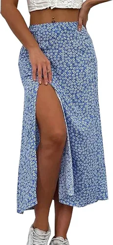 Vista 2 de Falda de mujer grande con estampado floral dividido, línea A, falda midi de cintura alta, casual, falda larga para vestido de verano bohemio