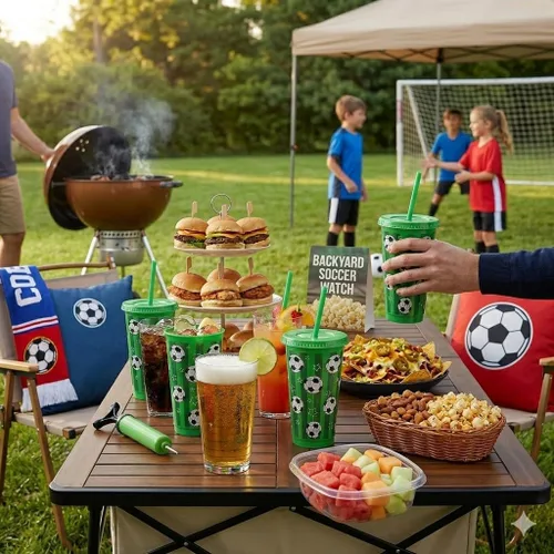 Vista 6 de Paquete de 24 copas de fútbol con tapas y pajitas, vasos de plástico reutilizables grandes de 24 onzas para regalos de fiesta de cumpleaños, regalos