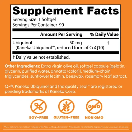 Vista 3 de Doctor's Best Ubiquinol con Kaneka QH, sin OMG, sin gluten ni soja, salud cardíaca, 50 mg, 90