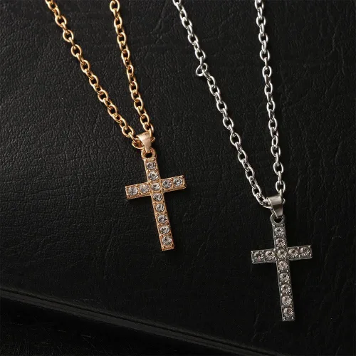 Vista 5 de Collar con colgante de cruz clásica de cristal de Jesús Cruz de clavícula, collar de cadenas de joyería para hombresmujeres, regalo de joyería