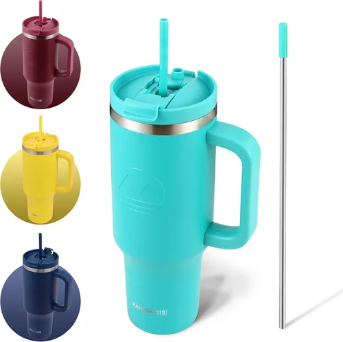 Vista 30 de FAHRMOSIS Vaso de 40 onzas con asa y pajita, taza aislada que cabe en el portavasos para bebidas frías y calientes, vaso a prueba de fugas