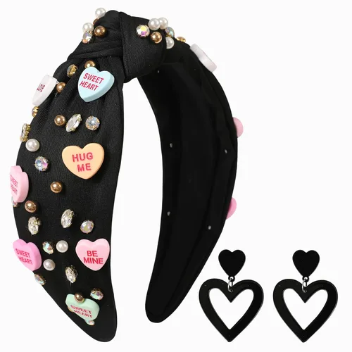 Vista 24 de Diademas de corazón de caramelo para el día de San Valentín para mujer, diadema de corazón de conversación de amor con diamantes de imitación