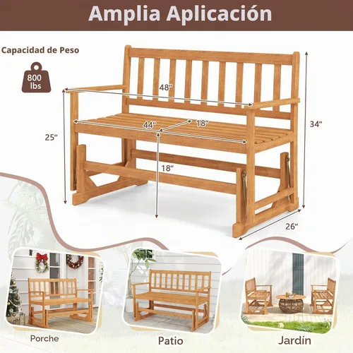Vista 3 de Tangkula Banco planeador de madera de acacia para 2 personas, resistente 800 libras, sofá biplaza mecedora para patio con asiento y respaldo