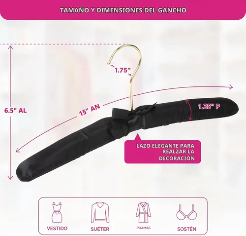 Vista 4 de Premium Padded Hangers for Women’s Clothing, Set of 12, Balck Negro