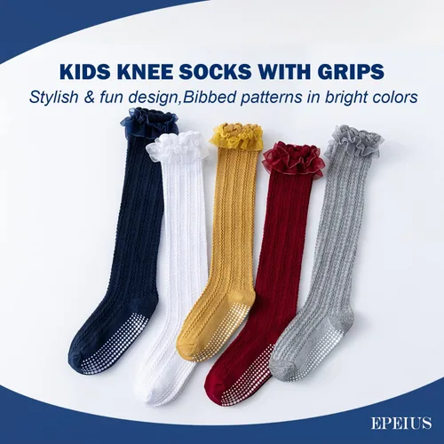 Vista 6 de Epeius - Calcetines altos de algodón para bebés y niñas de uniforme calcetas con vuelos Paquete de 3 o 5