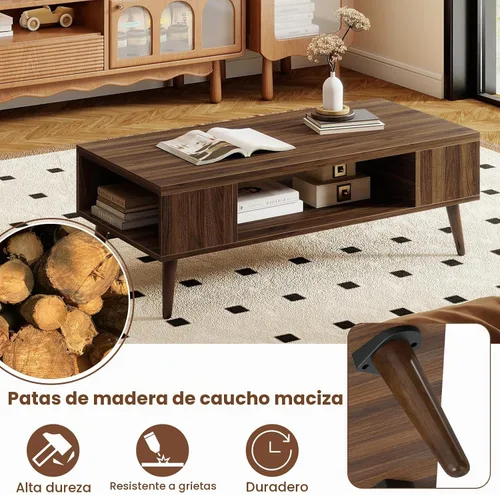 Vista 4 de Giantex Mesa auxiliar moderna de mediados de siglo, mesa central rectangular de 42 pulgadas con 2 estantes de almacenamiento y compartimento