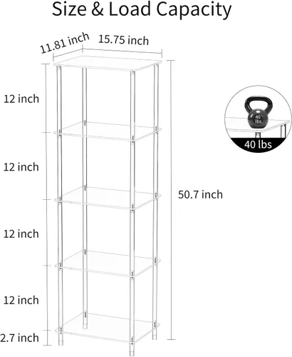 Vista 3 de Mesa auxiliar de acrílico transparente, 15.7 pulgadas de largo x 11.8 pulgadas de ancho x 50.7 pulgadas de alto, mesa auxiliar de 5 niveles
