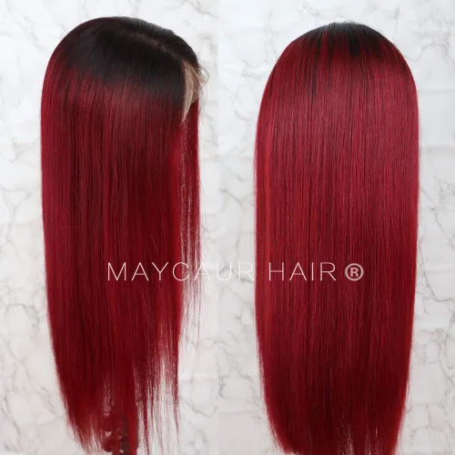Vista 5 de Maycaur Peluca de cabello humano rojo degradado con encaje frontal, sedoso y liso #1b/rojo con encaje completo, pelucas de cabello humano