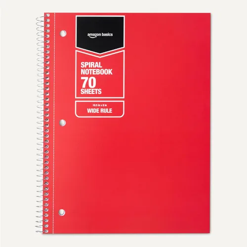 Vista 5 de Amazon Basics Cuadernos de espiral con rayas anchas, 70 hojas, 7-1/2 x 10-1/2 pulgadas, perforados, varios colores sólidos primarios, paquete de 3
