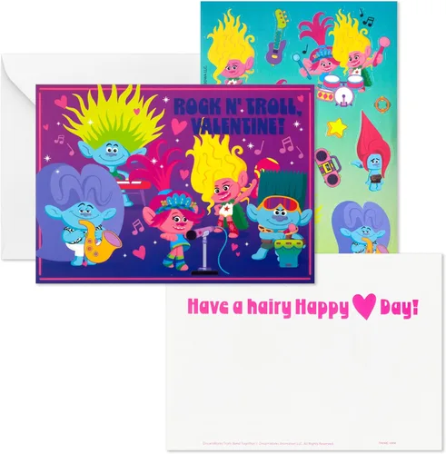 Vista 5 de Hallmark Trolls - Surtido de tarjetas de San Valentín para niños (24 tarjetas de San Valentín, 24 hojas de calcomanías y sobres)