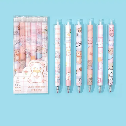 Vista 2 de Bolígrafo Kawaii de dibujos animados de 0.020 in, bolígrafo neutro para estudiantes, suministros escolares lindos de prensa de agua, juego de 6