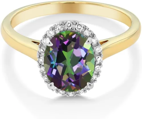 Vista 10 de Gem Stone King Anillo de compromiso ovalado de oro amarillo de 10 quilates con piedra natal y halo de diamantes Ovalado de 0.354 x 0.276 in