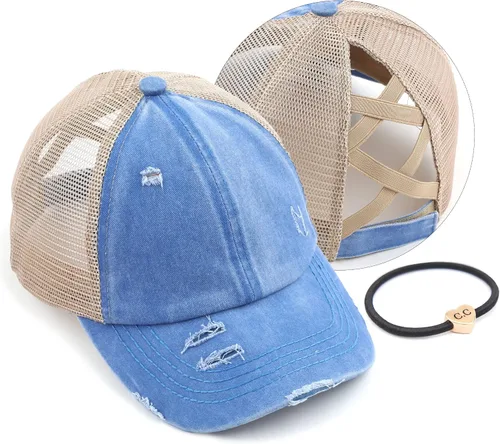 Vista 18 de C.C Gorra de béisbol de malla con diseño de estrella brillante, gorra de camionero ajustable para moño o cola de caballo Una banda elástica-negro