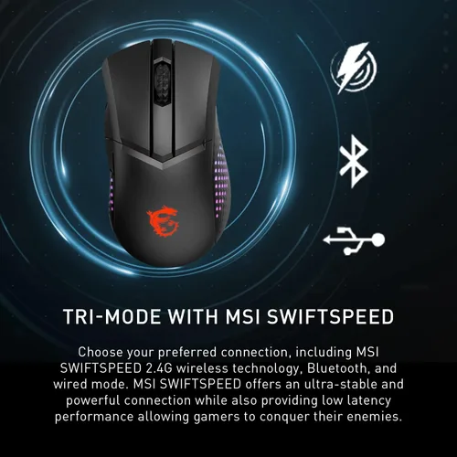 Vista 3 de MSI Clutch GM51 - Mouse inalámbrico ligero para juegos y base de carga, sensor óptico DPI de 26 K, 2.4 G y Bluetooth, interruptores Omron