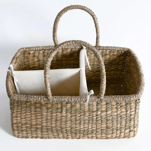 Vista 7 de Organizador de pañales de mimbre para bebé, cesta tejida de hierba marina con asas, cesta de pañales con divisores (rectangular)