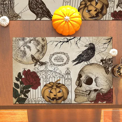 Vista 5 de Manteles individuales retro de Halloween, diseño de calavera gótica, Día de los Muertos, decoración y suministros de Halloween para la mesa