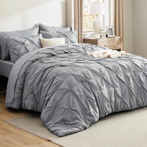 Vista 49 de Bedsure - Juego de edredón tamaño individual gris - Ropa de cama tamaño individual en una bolsa de 5 piezas, juego de cama Pintuck GentleSoft™
