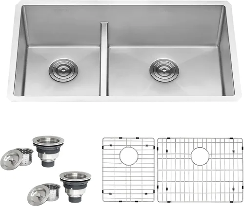 Vista 11 de Ruvati RVH7255 fregadero de cocina bajo cubierta de bajo perfil, bajo montaje, radio estrecho, doble cuenca 60/40, 28 pulgadas, calibre 16, acero