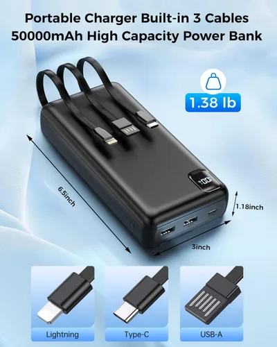 Vista 3 de Cargador Portátil Power Bank 50,000 mAh Cargador Portátil para Teléfono, Powerbank de Carga Rápida PD 22.5W, Cable Integrado, 5 Salidas 3 Entradas