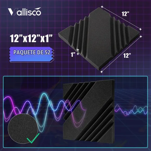 Vista 6 de VallisCo Paquete de 52 paneles acústicos de 1 x 12 x 12 pulgadas, paneles de espuma acústica para insonorización, reducción de ruido, paneles