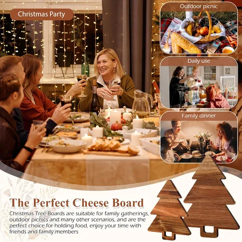 Vista 6 de Lallisa Tabla de madera para charcutería de árbol de Navidad con asas, tabla de cortar de acacia para cocina, queso, fruta, pan, aperitivos