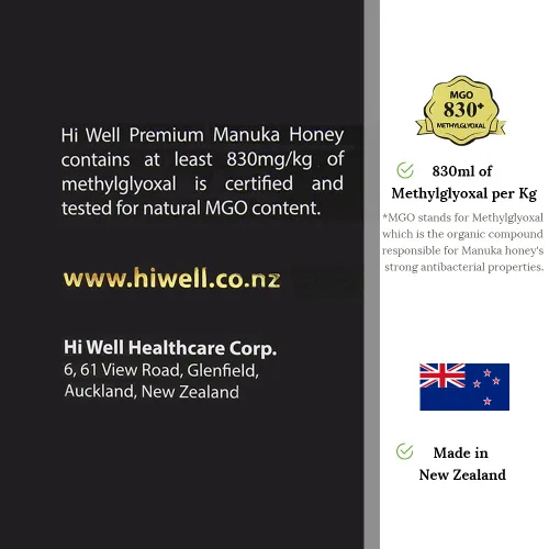Vista 6 de (Paquete de 2) Hi Well Premium Manuka 100% miel de Nueva Zelanda MGO830+ 500 g (17.6 oz)
