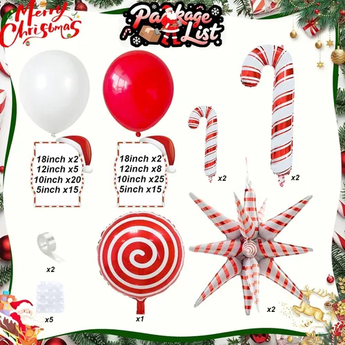 Vista 3 de Guirnalda de globos de Navidad, kit de arco de globos de Navidad rojos y blancos con globos de piruleta de bastón de caramelo de aluminio y globo