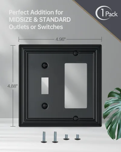 Vista 5 de Switch Plates Outlet Covers, 1-Pack Metal Wall Plate, Black Finish Midsize 1 Toggle 1 Decorator Combo Wall Plate, Ideal for GFCI Outlets, Light