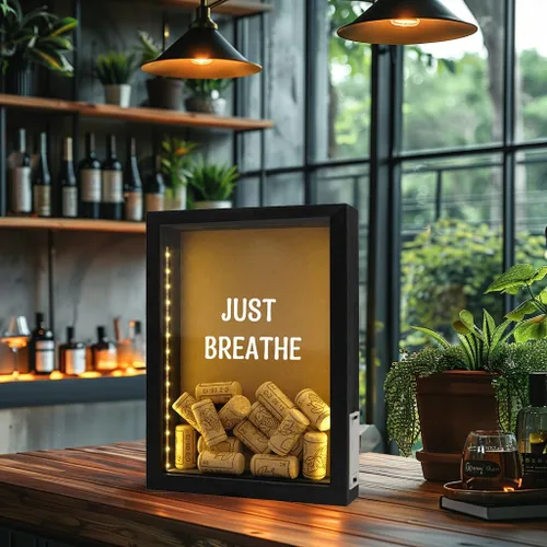 Vista 8 de Caja de sombra de madera rústica negra de 8"X11" con luces, vitrina iluminada con LED para corchos de vino, boletos y exhibiciones creativas