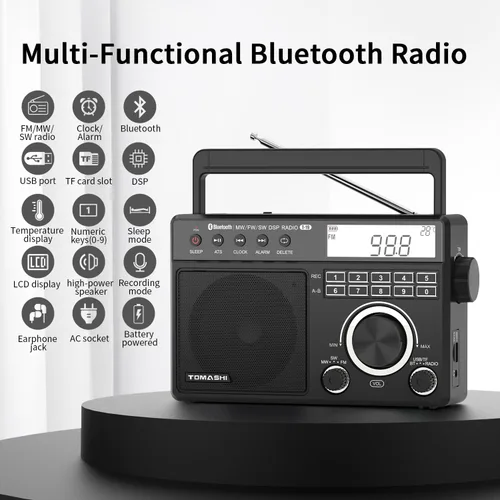 Vista 3 de TOMASHI Radio FM portátil de onda corta MW con Bluetooth, sintonización ATS, reloj y alarma, grabación, reproducción de MP3/WMA a través de tarjeta