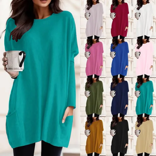 Vista 6 de Plus Size Pullover for Women Round Neck Long Sleeve Long T Shirt Top Pocket Puff Sleeve Print Top