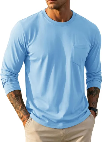 Vista 28 de MAGCOMSEN Camisa de manga larga para hombre con bolsillo, de algodón, cuello redondo, casual, ligera