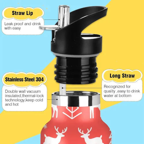 Vista 3 de Merry Christmas White Snowflakes Elk Leakproof and BPA Free Kids' Metal Water Bottle with Straw Lid Double Wall Vacuum Insulated Bottles for Travel