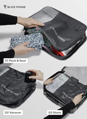 Vista 6 de Black Voyage - Bolsa de viaje reutilizable de compresión al vacío para maleta de mano y mochila, reciclada, impermeable IP67, ahorro de espacio Gris