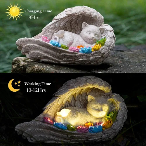 Vista 3 de Piedra conmemorativa para gatos, estatuilla solar de ángel para gatos - Piedra conmemorativa para mascotas para jardín o lápida conmemorativa (gato)