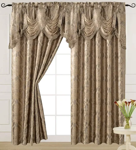 Vista 7 de V Panel de cortina jacquard de lujo con cenefa de cascada adjunta, 54 x 84 pulgadas, color beige Ashley
