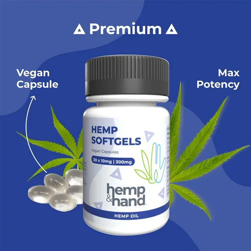 Vista 2 de Cápsulas blandas de cáñamo de 300 mg – Fuerza máxima para adultos – Enfriamiento, inflamación, dolor natural, sueño reparador – por Hemp and Hand