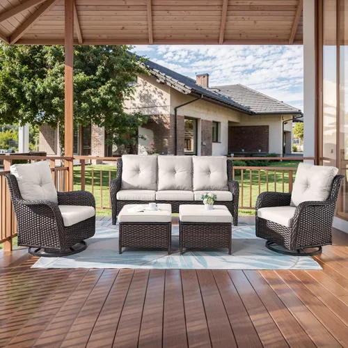 Vista 55 de HUMMUH Juego de 2 Sillas Giratorias Mecedoras de Mimbre para Patio Exterior, Juego de Muebles de Sillas Mecedoras de Ratán (Marrón, Azul) 50,000