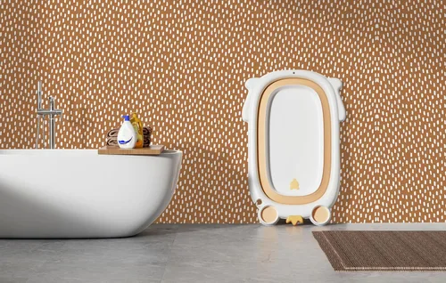 Vista 4 de HAOKHOME Papel tapiz para despegar y pegar, diseño de puntos modernos y bohemios, extraíble, para baño, color caramelo/blanco, papel de contacto