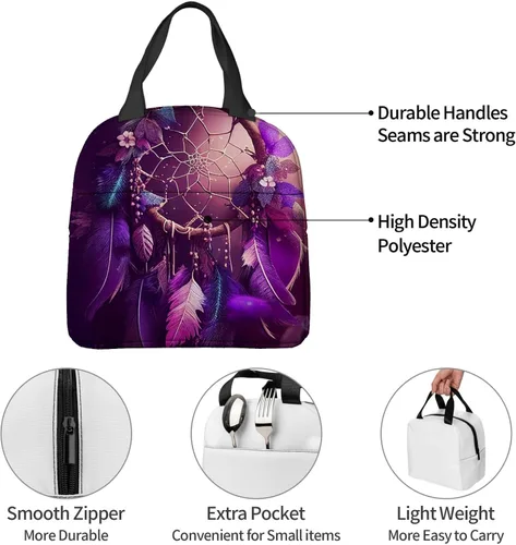 Vista 7 de OOZ Bolsa de almuerzo aislada para mujeres y hombres, atrapasueños con estrellas moradas, reutilizable, a prueba de fugas, linda lonchera