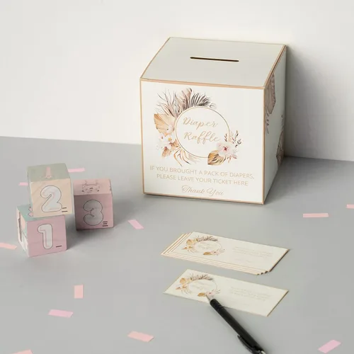 Vista 5 de 50 boletos para sorteo de pañales para baby shower, juegos de baby shower, decoraciones bohemias para baby shower, caja de rifa de pañales para baby
