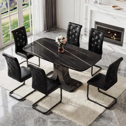Vista 14 de Juego de mesa de comedor moderno para 4, juego de sillas de mesa de cocina de mármol sintético, mesa rectangular de MDF de 63 pulgadas, sillas Negro