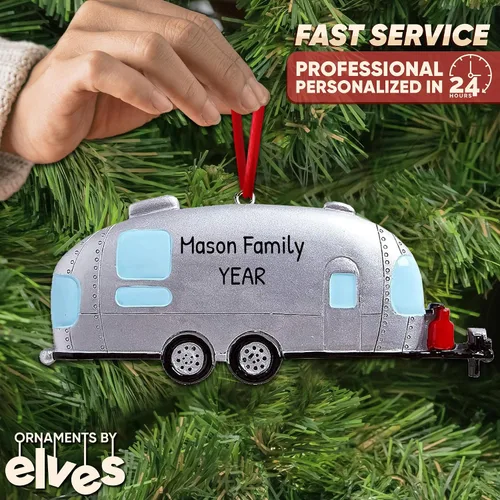 Vista 2 de Adornos de campamento personalizados 2025 – Adorno Airstream para caravana, remolque, Airstream, adorno de Navidad, tren, adornos de Navidad 2025