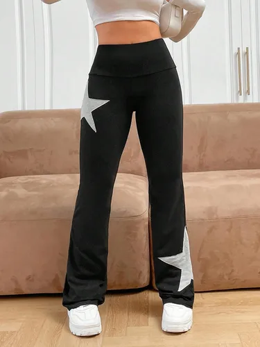 Vista 3 de COZYEASE Pantalones largos con estampado de estrellas y cintura elástica para mujer, pantalones largos con estampado geométrico