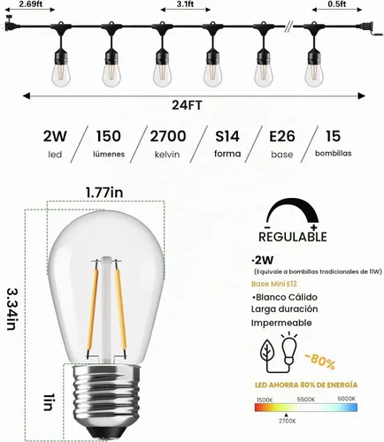 Vista 2 de Svater 24 pies al aire libre cadena luces LED 2W S14 grado comercial