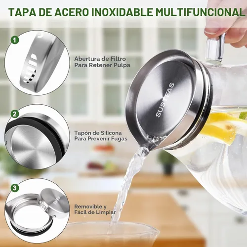 Vista 5 de SUSTEAS Jarra de vidrio de 2 litros y 68 oz con tapa y asa, borosilicato