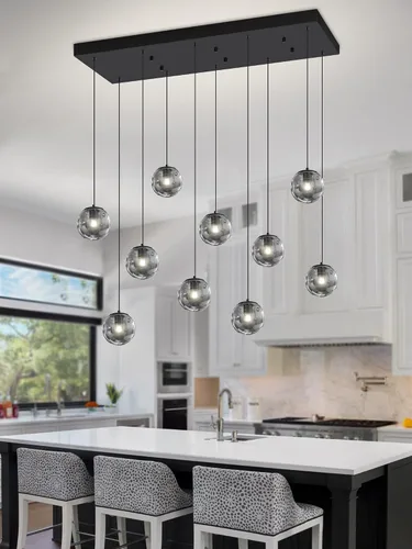 Vista 56 de ykolupty Lámpara colgante negra de 1 luz moderna de globo de vidrio gris ahumado, luces colgantes para isla de cocina, luces colgantes ajustables