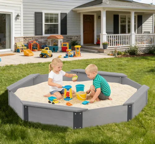 Vista 7 de Cajón de arena de 64"x56"x8.5" octogonal con cubierta para juegos al aire libre de niños, arenero grande de madera con 4 bancos, instalación rápida